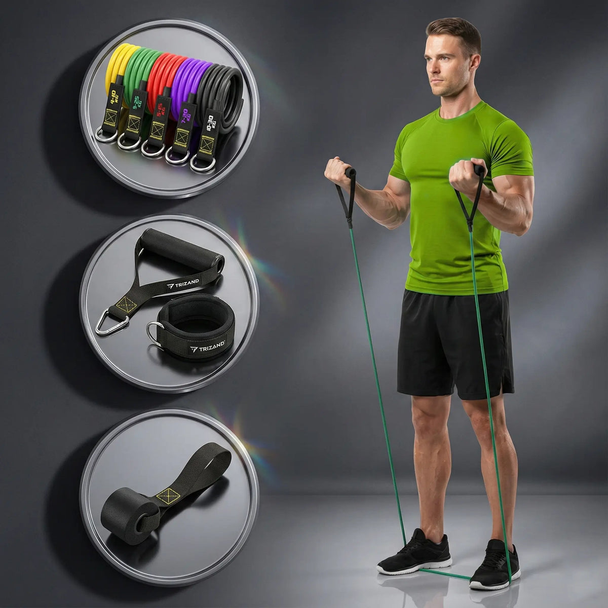 Trizand 5 db-os fitness gumiszalag szett - 5-féle ellenállási szint, időtálló anyaghasználat - ajtóra is rögzíthető
